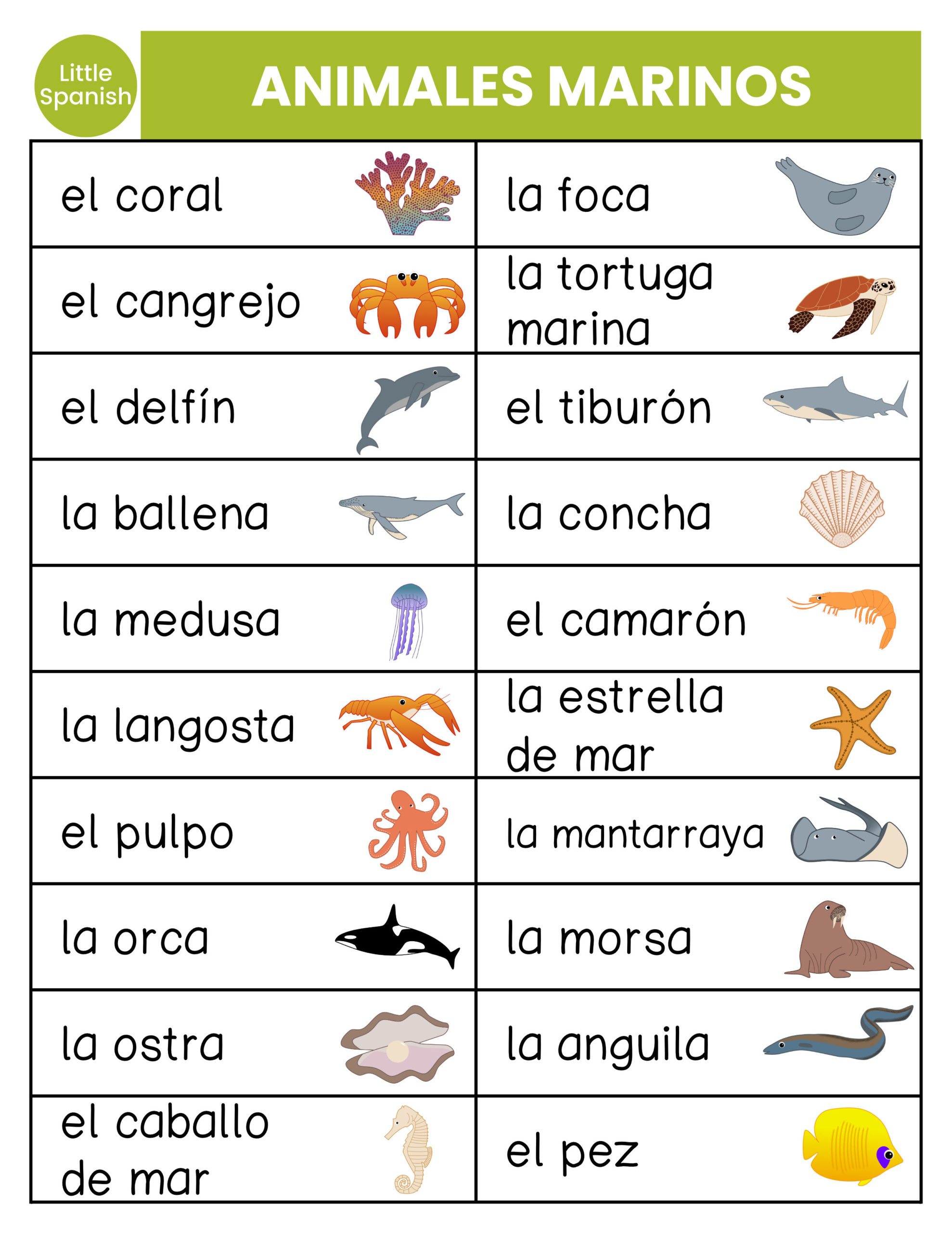 Free Ocean Animals in Spanish list