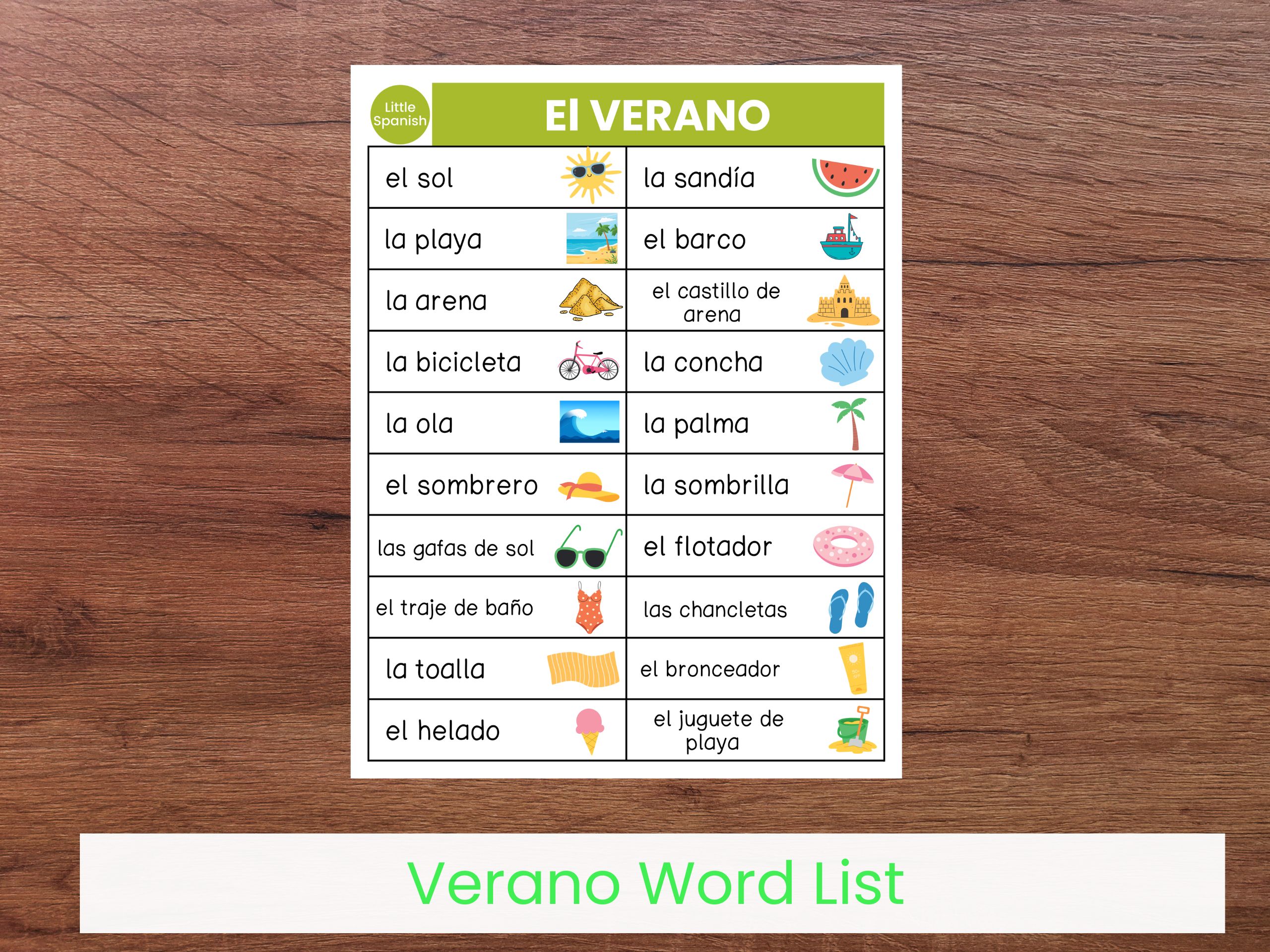 Free Summer Common Words in Spanish List